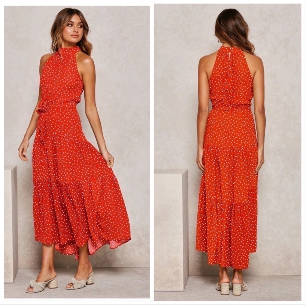 Red polka dot halter midi dress with belt size m